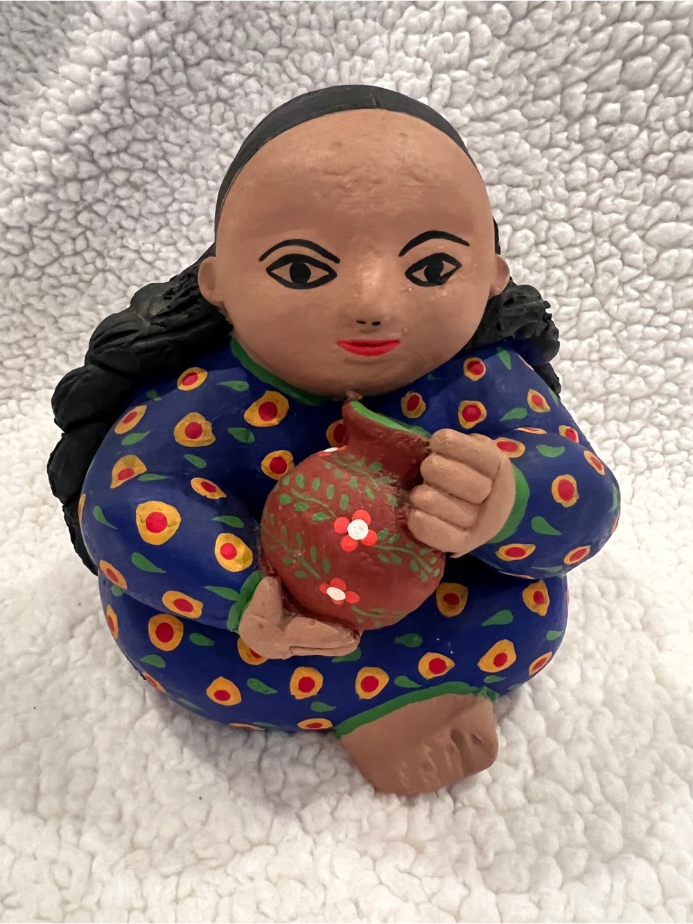 Mexico Clay Folk Art Lady W/Clay Pot Figure, hand painted, no markings, vintage